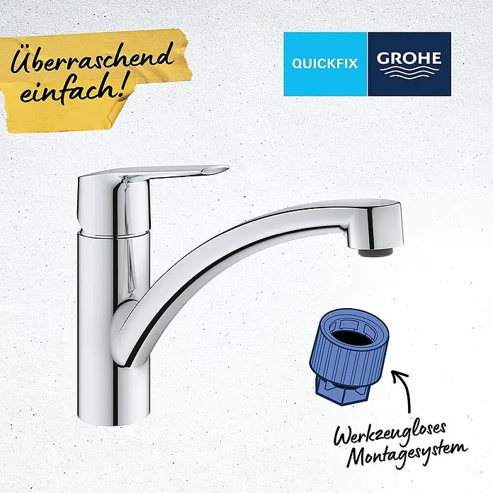 Grohe QuickFix Spültischarmatur Start - Ausladung Armatur: 227 mm, Chrom, Schwenkbereich: 140 ° - Bild einer Grohe Küchenarmatur mit QuickFix-System. Überraschend einfach zu installieren, ohne Werkzeug dank speziellem Montagesystem.