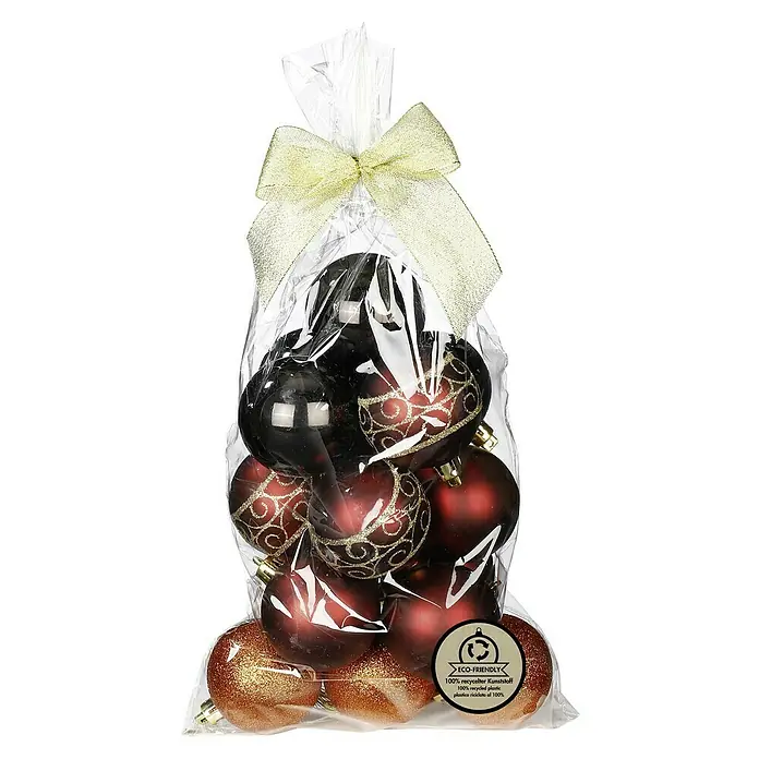 Weihnachtskugeln - Flames, Kunststoff, Durchmesser: 6 cm, 20 Stk. - Festliche Sammlung von Christbaumkugeln in Burgunderrot, Schwarz und Gold in einer transparenten Verpackung mit Schleife.