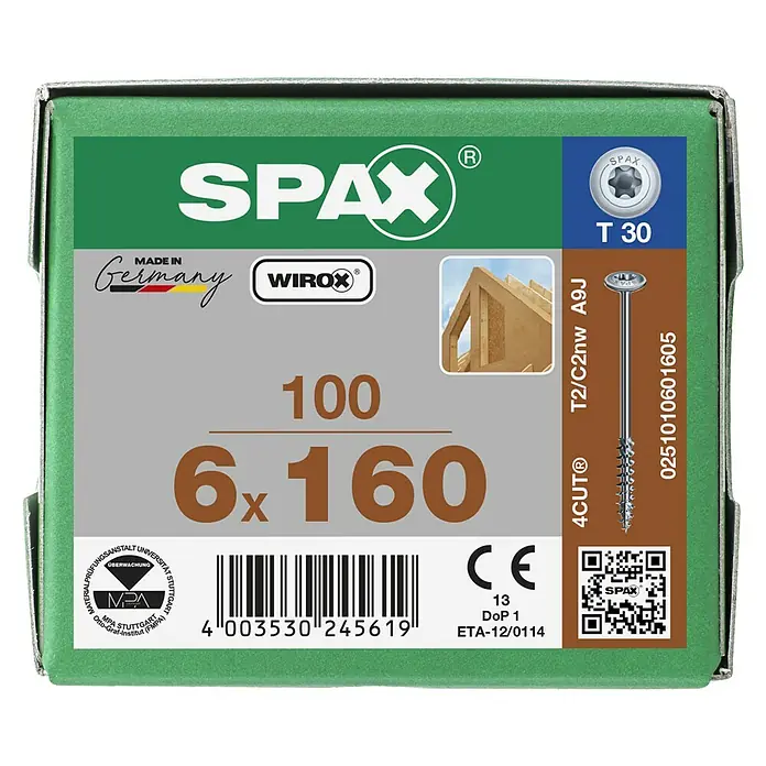 Spax HI FORCE Tellerkopfschraube HI.FORCE WIROX - Ø x L: 6 x 160 mm, WIROX Oberfläche, T-Star plus, 100 Stk. - Produktbild einer grünen SPAX Schraubenbox mit 100 Universalschrauben, Größe 6x160mm, ideal für diverse Anwendungen.