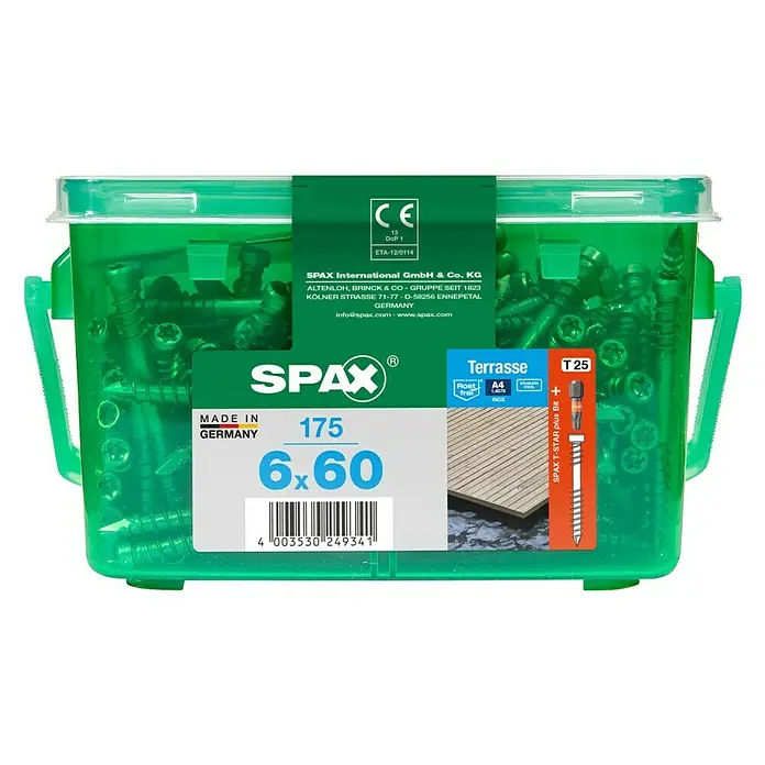 Spax T-Star plus Terrassenschraube T-Star plus - Ø x L: 6 x 60 mm, Edelstahl rostfrei A4, Blank, 175 Stk. - Dose mit 175 SPAX Terrassenschrauben 6x60 mm, ideal für Holzterrassen, mit T-STAR plus Bit. Hergestellt in Deutschland.