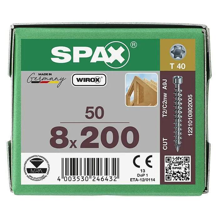 Spax Holzschraube IN.FORCE - Ø x L: 8 x 200 mm, WIROX Oberfläche, T-Star plus, 50 Stk. - SPAX Universalschrauben-Box mit T40-Kopf und CUT-Spitze, 8x200 mm, ideal für Holzkonstruktionen und Heimwerkerprojekte.