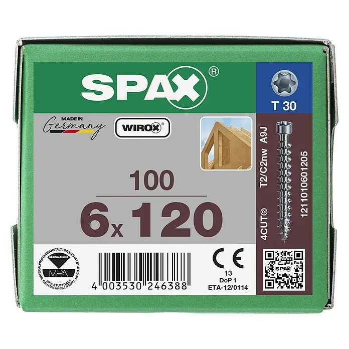 Spax Holzschraube IN.FORCE - Ø x L: 6 x 120 mm, WIROX Oberfläche, T-Star plus, 100 Stk. - Eine grüne Schachtel mit 100 SPAX Universalschrauben, Größe 6x120, mit T30-Antrieb, ideal für vielfältige Anwendungen im Holzbau.