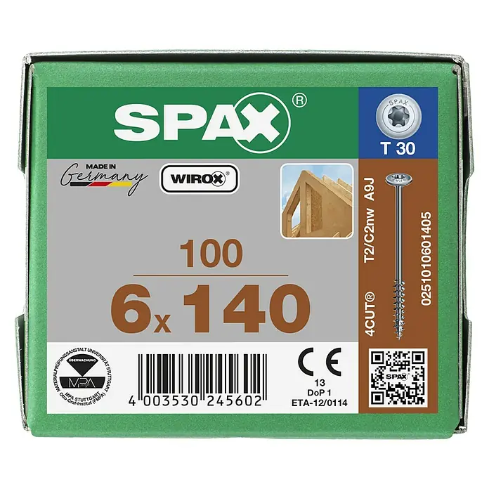 Spax HI FORCE Tellerkopfschraube HI.FORCE WIROX - Ø x L: 6 x 140 mm, WIROX Oberfläche, T-Star plus, 100 Stk. - Bild einer Spax-Schraubenbox, die 6x140 mm Schrauben der Marke Spax mit Torx T30-Antrieb und 4CUT®-Spitze enthält.