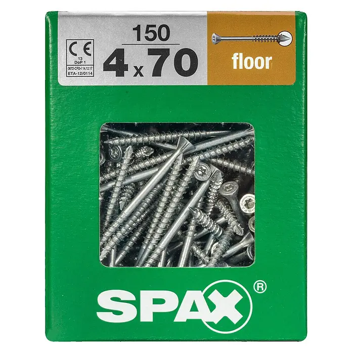 Spax T-Star plus Dielenschraube - Ø x L: 4 x 70 mm, WIROX Oberfläche, 150 Stk., Teilgewinde - Eine grüne Packung SPAX Bodenschrauben, Größe 4x70, mit 150 Stück Inhalt, ideal für Bodenbefestigungen.