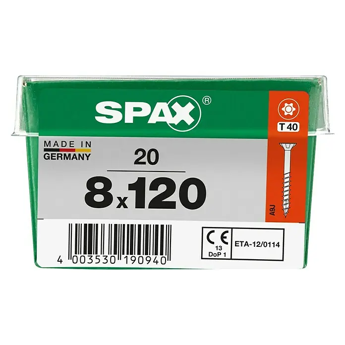 Spax Senkkopfschraube Holzbauschraube - Ø x L: 8 x 120 mm, Stahl, 20 Stk., Teilgewinde - Bild einer Spax-Schraubenpackung, Größe 8x120, mit T40-Bit, hergestellt in Deutschland. Ideal für Holzkonstruktionen.