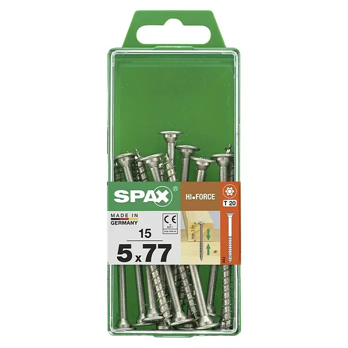 Spax T-Star plus Tellerkopfschraube - Ø x L: 5 x 77 mm, WIROX Oberfläche, T-Star plus, 15 Stk. - Abbildung einer Packung SPAX HI-FORCE Schrauben 5x77 mm, hergestellt in Deutschland, mit Torx T 20 Antrieb.