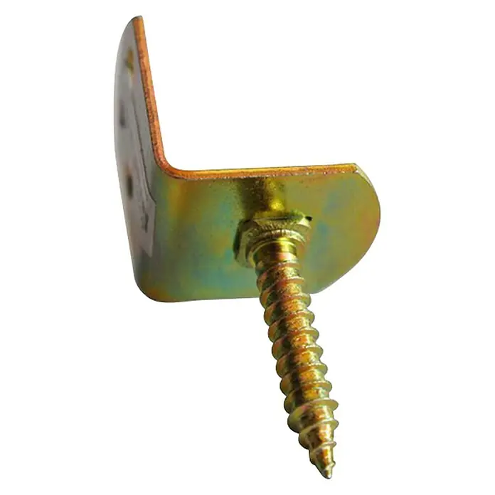 Andrewex Flechtzaunbeschlag - 30 x 30 mm - Winkelverbinder mit Schraube. Der goldfarbene Verbinder ist mit einer Schraube befestigt und dient zur Stabilisierung von Holzkonstruktionen.
