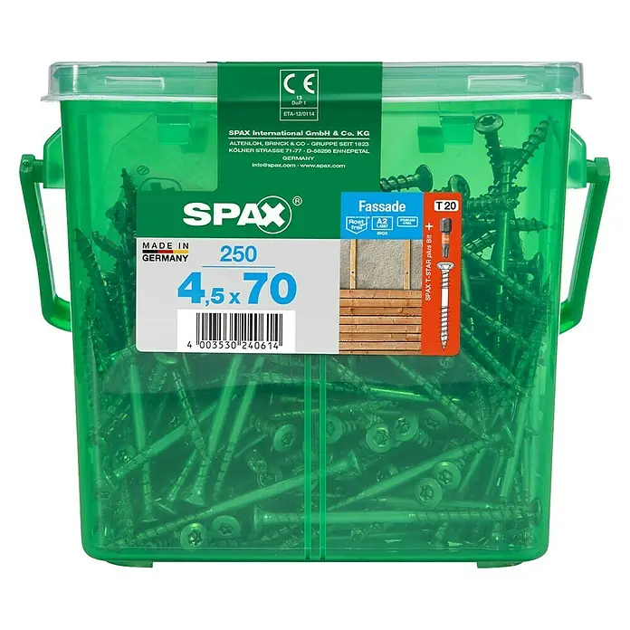 Spax T-Star plus Terrassenschraube - Ø x L: 4,5 x 70 mm, Edelstahl rostfrei A2, 250 Stk. - Grüne Kunststoffbox mit 250 Spax-Fassadenschrauben (4,5x70 mm) aus rostfreiem A2-Edelstahl mit T-STAR plus Bit.