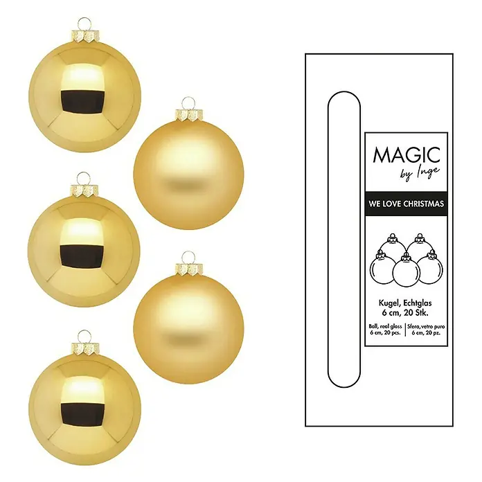 Weihnachtskugeln - Inkagold, Glas, Durchmesser: 6 cm, 20 Stk. - Weihnachtlicher Glanz: Goldene Christbaumkugeln aus Echtglas, 6 cm, 20 Stück von Magic by Inge, für eine festliche Atmosphäre.
