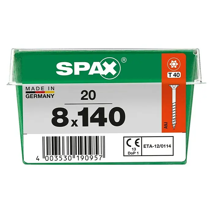 Spax Senkkopfschraube Holzbauschraube - Ø x L: 8 x 140 mm, Stahl, 20 Stk., Teilgewinde - Abbildung einer SPAX-Schraubenpackung 8x140 mit T40-Antrieb, hergestellt in Deutschland, ideal für Holzverbindungen.