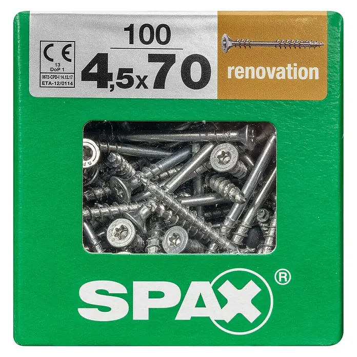 Spax Verlegeschraube T-Star Plus - Ø x L: 4,5 x 70 mm, WIROX Oberfläche, 100 Stk., Fixiergewinde - Eine Packung mit 100 SPAX 4,5x70 Renovierungsschrauben, ideal für vielfältige Anwendungen im Innenausbau und bei Renovierungsarbeiten.