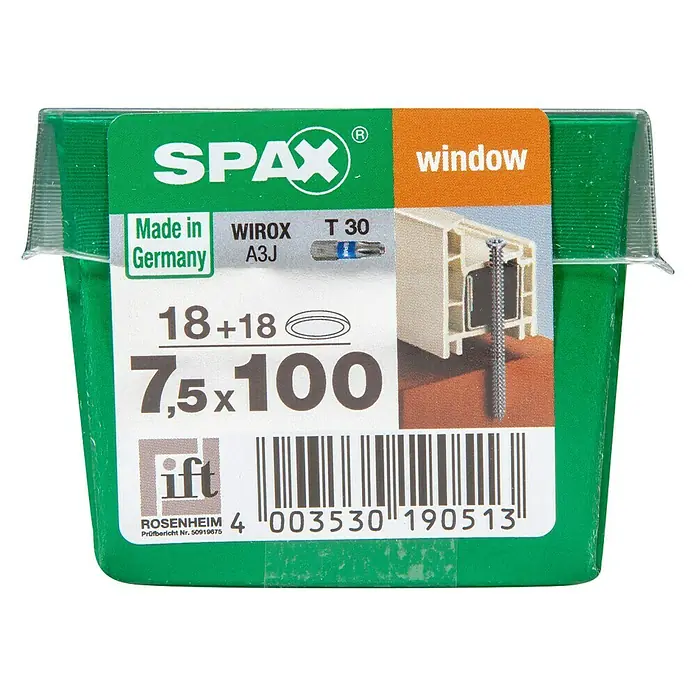 Spax Rahmenanker T-STAR plus - Ø x L: 7,5 x 100 mm, WIROX Oberfläche, 18 Stk., Vollgewinde - Bild einer grünen Verpackung mit der Aufschrift „SPAX Fensterbauschrauben 7,5x100“ mit Schraube für Fensterprofile.
