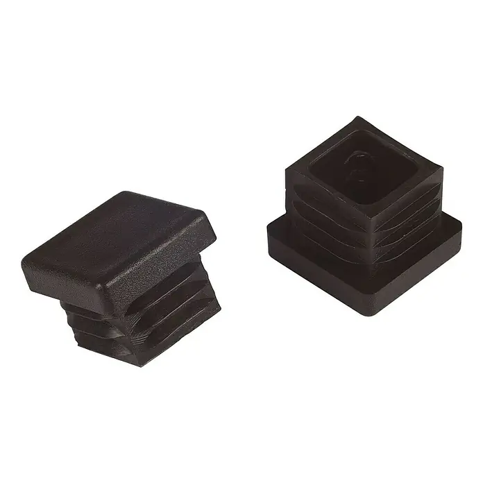 Stabilit Steckgleiter - 20 x 20 mm, Stecken, Schwarz, 4 Stk. - Zwei schwarze Vierkantrohrstopfen aus Kunststoff, die zum Verschließen von Rohrenden verwendet werden.