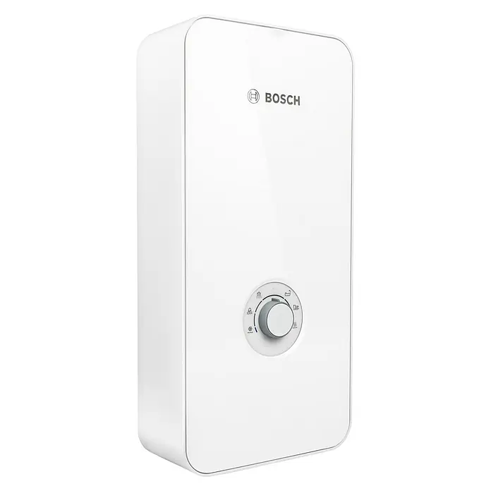 Bosch Durchlauferhitzer Tronic Advanced Plus - 21 kW, Elektronisch - Weißer Bosch-Warmwasserbereiter mit abgerundeten Ecken und einem Drehknopf mit mehreren Symbolen zur Temperatursteuerung.