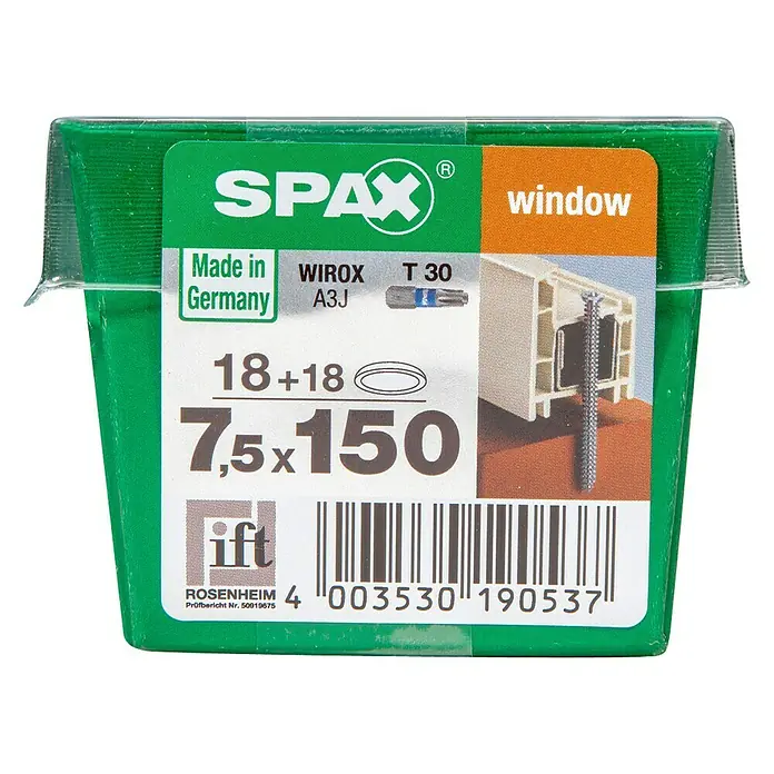 Spax Rahmenanker T-STAR plus - Ø x L: 7,5 x 150 mm, WIROX Oberfläche, 18 Stk., Vollgewinde - Dose mit SPAX-Fensterschrauben 7,5x150mm, ideal für Fensterbefestigungen, hergestellt in Deutschland.