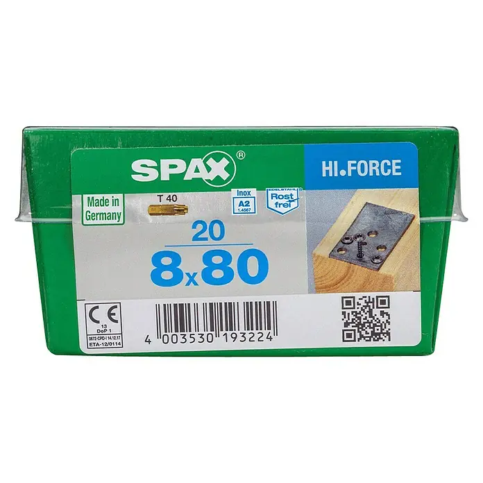 Spax HI FORCE Innensechskantschraube A2 HI.FORCE - Durchmesser: 8 mm, Länge: 80 mm, Edelstahl, T-Star plus - Nahaufnahme einer grünen Packung SPAX HI.FORCE Schrauben, Größe 8x80, hergestellt in Deutschland.