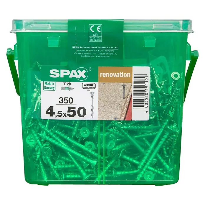 Spax Verlegeschraube T-Star Plus - Ø x L: 4,5 x 50 mm, WIROX Oberfläche, 350 Stk. - Dose Spax Universalschrauben 4,5x50 mm mit Senkkopf, Teilgewinde und T-STAR Antrieb zur Befestigung von Bauelementen im Innenbereich.