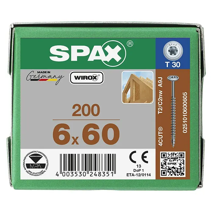 Spax HI FORCE Tellerkopfschraube HI.FORCE WIROX - Ø x L: 6 x 60 mm, WIROX Oberfläche, T-Star plus, 200 Stk. - Bild einer Spax-Box 6x60 mm mit 200 Schrauben, ideal für Holzkonstruktionen, Made in Germany, mit WIROX-Beschichtung für erhöhten Korrosionsschutz.