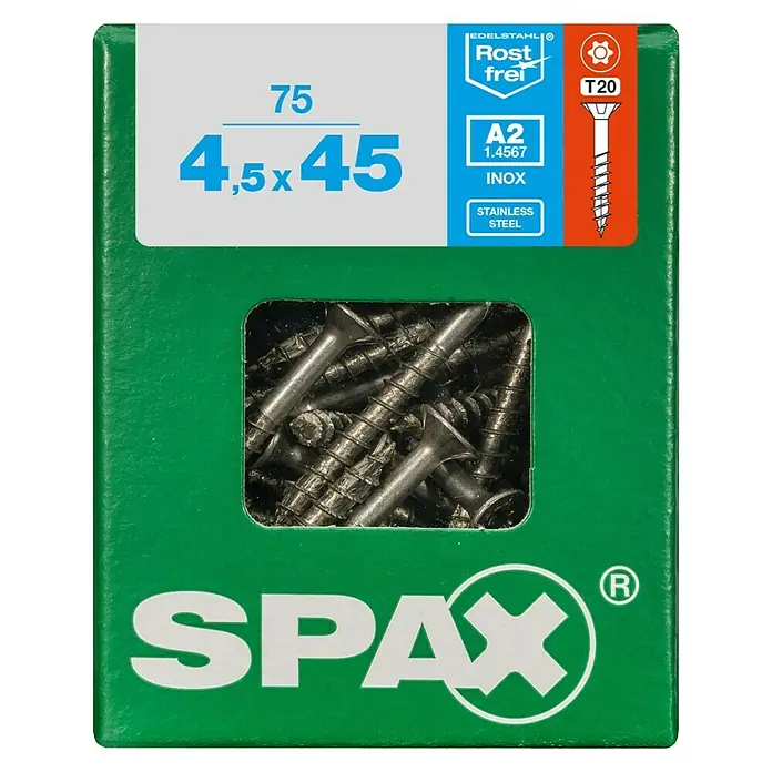 Spax T-Star plus Senkkopfschraube - Ø x L: 4,5 x 45 mm, Edelstahl rostfrei A2, 75 Stk. - Eine grüne Spax Schraubenpackung mit 75 Edelstahlschrauben der Größe 4,5 x 45 mm. Die Packung ist mit dem Spax-Logo versehen.