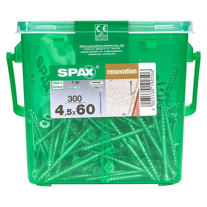Spax Verlegeschraube T-Star Plus - Ø x L: 4,5 x 60 mm, WIROX Oberfläche, 300 Stk. - Dose Spax Renovierungsschrauben 4,5x60 mm, ideal für Renovierungsarbeiten, mit WIROX-Oberfläche für Korrosionsschutz, Made in Germany.