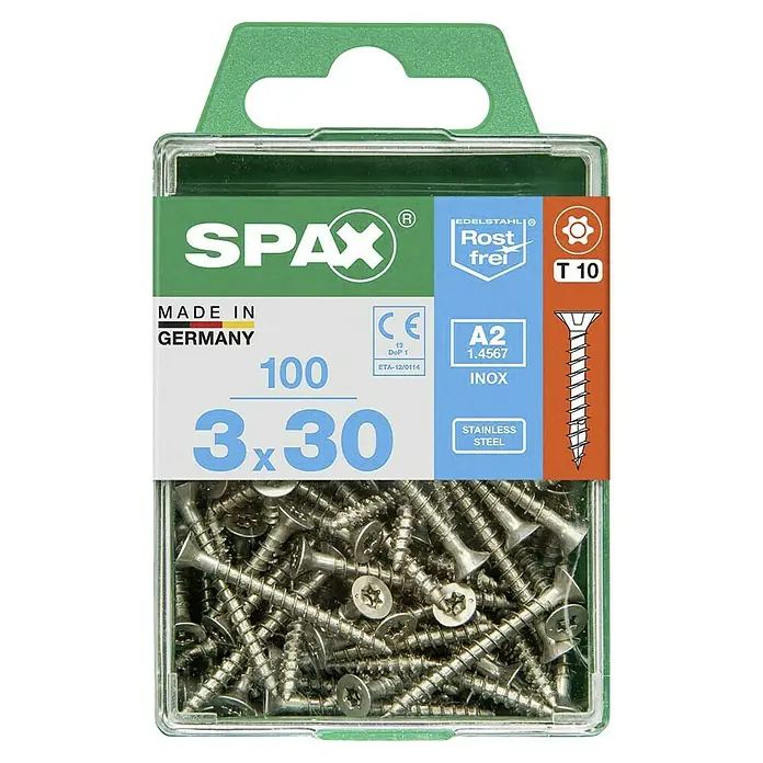 Spax T-Star plus Senkkopfschraube - Ø x L: 3 x 30 mm, Edelstahl rostfrei A2, 100 Stk. - Packung Spax Edelstahlschrauben, rostfrei, 3x30 mm, 100 Stück, hergestellt in Deutschland, ideal für diverse Anwendungen.