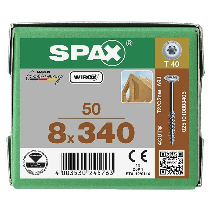 Spax HI FORCE Tellerkopfschraube IN.FORCE - Ø x L: 8 x 340 mm, WIROX Oberfläche, T-Star plus, 50 Stk. - SPAX Schraubenverpackung mit Produktinformationen wie Größe, Typ (T40), Materialprüfung und Herkunftsland Deutschland.