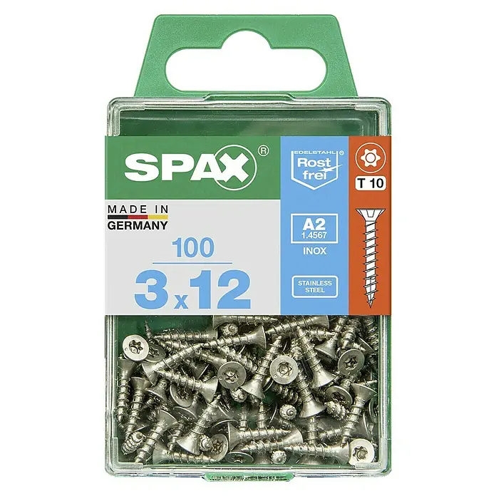 Spax T-Star plus Senkkopfschraube - Ø x L: 3 x 12 mm, Edelstahl rostfrei A2, 100 Stk. - Dose mit 100 SPAX-Edelstahlschrauben, A2, rostfrei, mit Torx T10-Antrieb, ideal für den Einsatz im Außenbereich und in Feuchträumen.