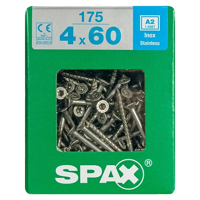 Spax T-Star plus Senkkopfschraube - Ø x L: 4 x 60 mm, Edelstahl rostfrei A2, 175 Stk. - Eine grüne Spax-Schraubenbox, gefüllt mit 4x60 Edelstahlschrauben, ideal für verschiedenste Holzbauprojekte.