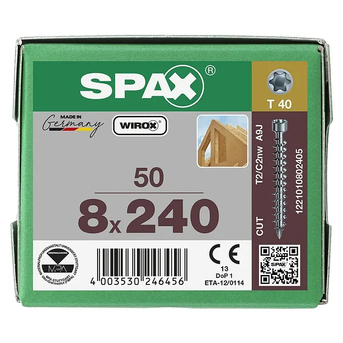 Spax Holzschraube IN.FORCE - Ø x L: 8 x 240 mm, WIROX Oberfläche, T-Star plus, 50 Stk. - Abbildung einer SPAX Schraubenbox, die 50 Schrauben der Größe 8x240 mm enthält, ideal für Holzkonstruktionen und Heimwerkerprojekte.
