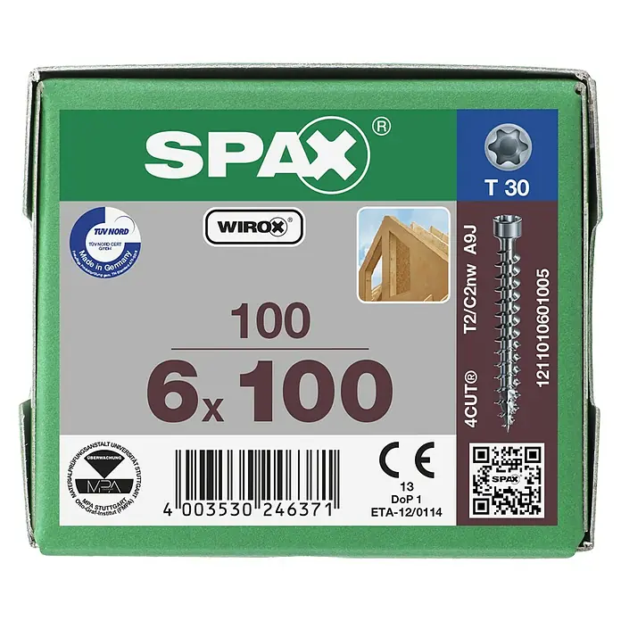 Spax Holzschraube IN.FORCE - Ø x L: 6 x 100 mm, WIROX Oberfläche, T-Star plus, 100 Stk. - Abbildung einer SPAX Schraubenbox mit 100 Universalschrauben 6x100 mm, ideal für Holzkonstruktionen und vielfältige Anwendungen.