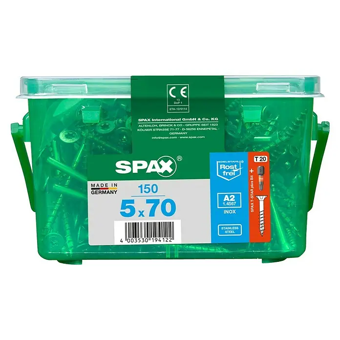 Spax Senkkopfschraube T-Star Plus - Ø x L: 5 x 70 mm, Edelstahl rostfrei A2, 150 Stk., Teilgewinde - Dose mit 150 SPAX Universalschrauben 5x70 mm, ideal für vielfältige Anwendungen im Innen- und Außenbereich.
