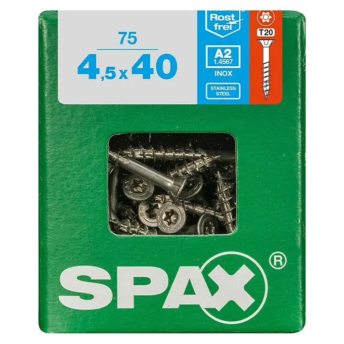 Spax T-Star plus Senkkopfschraube - Ø x L: 4,5 x 45 mm, Edelstahl rostfrei A2, 75 Stk. - Eine grüne Spax-Schraubenpackung mit der Aufschrift "4,5x40", die die Marke, Größe und den Schraubentyp der Edelstahlschrauben zeigt.