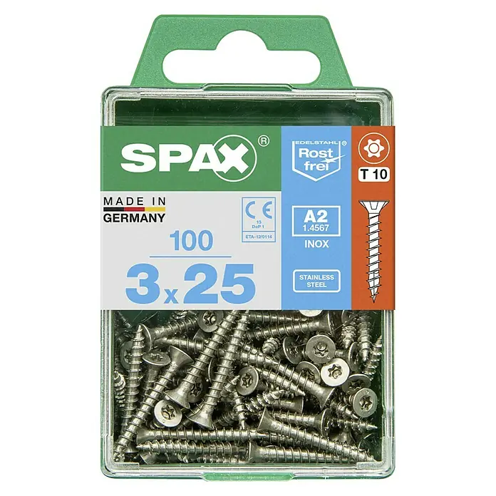 Spax T-Star plus Senkkopfschraube - Ø x L: 3 x 25 mm, Edelstahl rostfrei A2, 100 Stk. - Eine Packung Spax-Schrauben 3x25 aus Edelstahl, ideal für vielfältige Anwendungen im Innen- und Außenbereich.