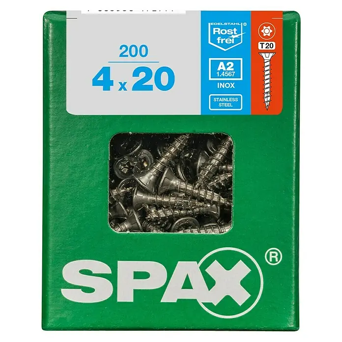Spax T-Star plus Senkkopfschraube - Ø x L: 4 x 20 mm, Edelstahl rostfrei A2, 200 Stk. - Eine Packung Spax Edelstahlschrauben A2 4x20mm, 200 Stück, ideal für den Einsatz im Außenbereich und in feuchten Umgebungen.