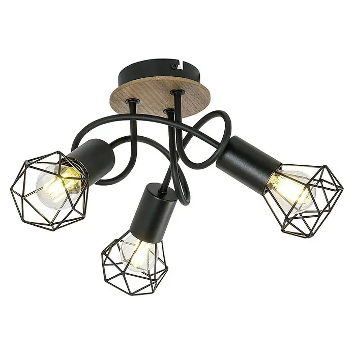 Globo Xara I Deckenstrahler - 40 W, Schwarz, E14, 3 Stk. - Nahaufnahme einer Deckenleuchte mit drei Edison-Glühbirnen in einem geometrischen Käfigdesign. Sie verleiht jedem Raum einen Hauch von industriellem Flair.