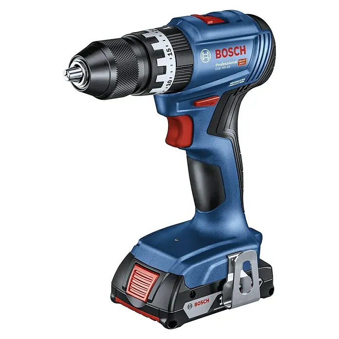 Bosch Professional AMPShare 18V Taladro atornillador percutor de batería GSB 18V-45 - 18 V, 2 baterías, 2 Ah - 4 Ah - Imagen de un taladro combinado inalámbrico azul Bosch GSB 18V-45, una herramienta eléctrica profesional diseñada para tareas pesadas.