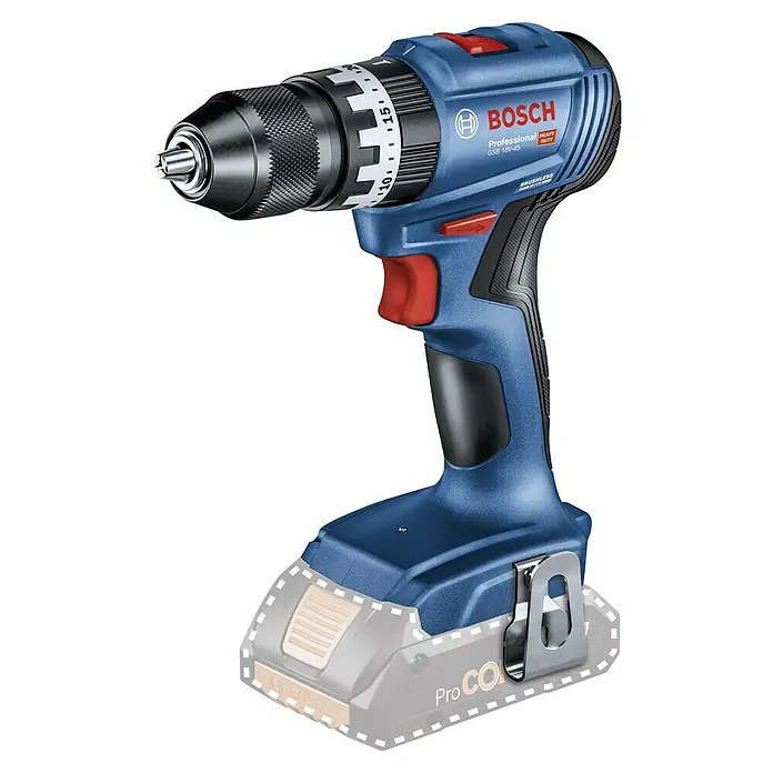 Bosch Professional AMPShare 18V Taladro atornillador percutor de batería GSB 18V-45 - 18 V, 2 baterías, 2 Ah - 4 Ah - El taladro combinado inalámbrico Bosch Professional GSB 18V-45, con un diseño duradero para tareas pesadas y comodidad inalámbrica.