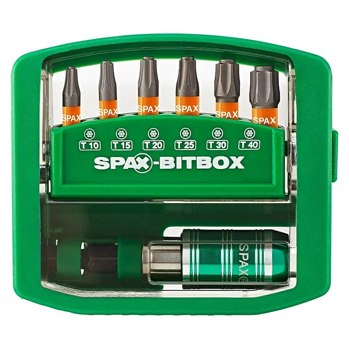 Spax Bit-Box T-STAR plus - 6 -tlg. - Ein grünes Spax Bitbox Set mit verschiedenen Bits und einem Bithalter für Schraubarbeiten in Werkstatt und Heimwerkerbereich.