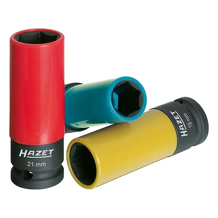 Hazet Steckschlüssel-Set 903 SPC - 3 -tlg., Antriebsgröße: ½″ Vierkant - Farbig markierte HAZET Steckschlüssel Einsätze in Rot, Türkis und Gelb. Diese robusten Werkzeuge sind ideal für den Einsatz mit Schlagschraubern.