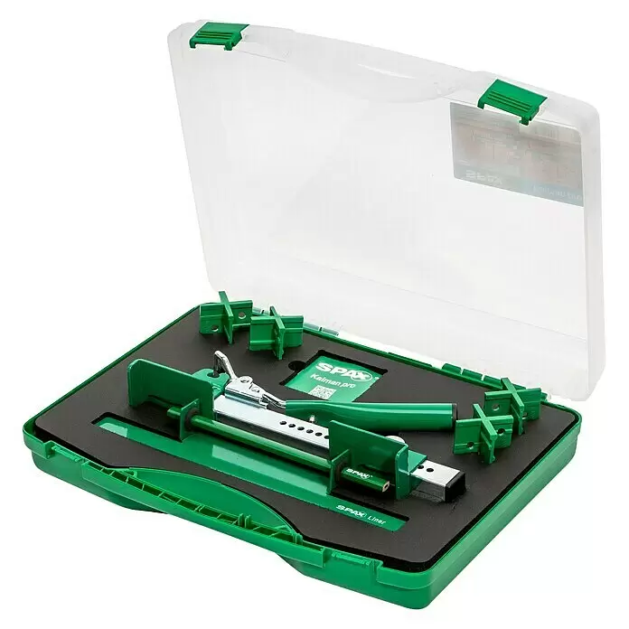 Spax Extras Soporte para tablas Kaiman Pro - Apto para: Construcción de terrazas - Kit de herramientas SPAX Kaliman pro verde y negro en estuche transparente, incluye un nivelador de precisión y espaciadores verdes.