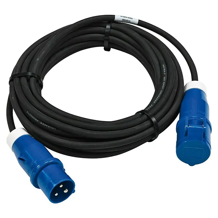 Verlängerungskabel - 25 m - Aufgerolltes, schwarzes Stromkabel mit blauen Anschlüssen und Kabelbindern, ein zuverlässiges und robustes Produkt für den professionellen Einsatz.
