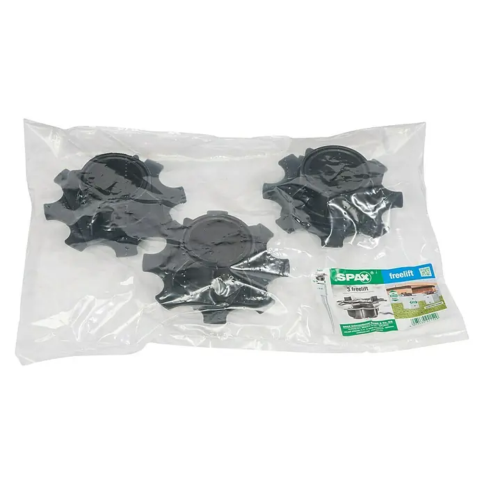 Spax Extras Terrassenfuß Free Lift - 3 Stk., Kunststoff, Höhenverstellbar - Ein Paket mit drei Spax Freelift Terrassenlagern in schwarzer Farbe, ideal für den Bau oder die Renovierung von Terrassen.