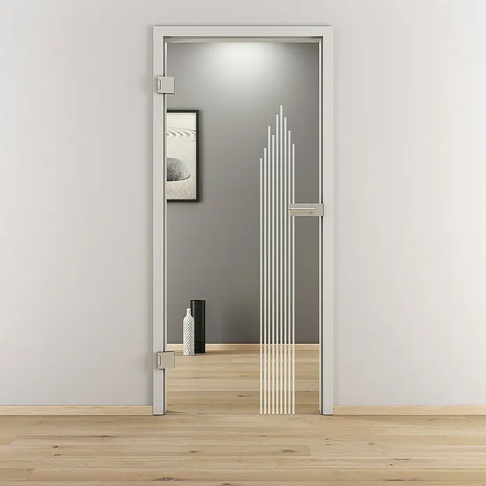 Diamond Doors Glasdrehtür 597 - 959 x 1.972 mm, DIN Anschlag: Links, Klarglas - Elegante Glastür mit modernem Streifendesign. Die Tür ist in einem schlichten, hellen Rahmen gefasst und verleiht dem Raum eine stilvolle Note.