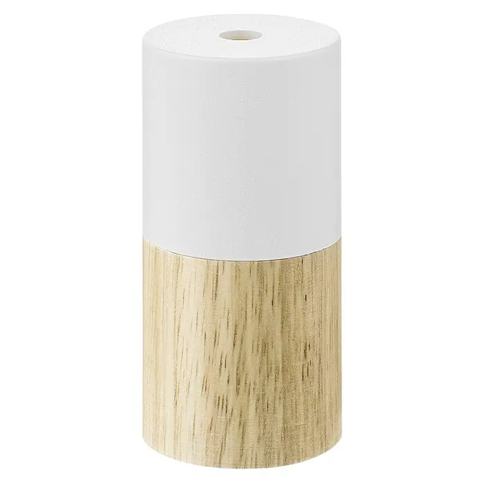 Home Sweet Home Lampenfassung - E27, Weiß, Höhe: 10,5 cm - Ein zweifarbiger, zylindrischer Kerzenständer mit weißem Oberteil und Holzstruktur-Unterteil und Loch in der Mitte für Kerzen.
