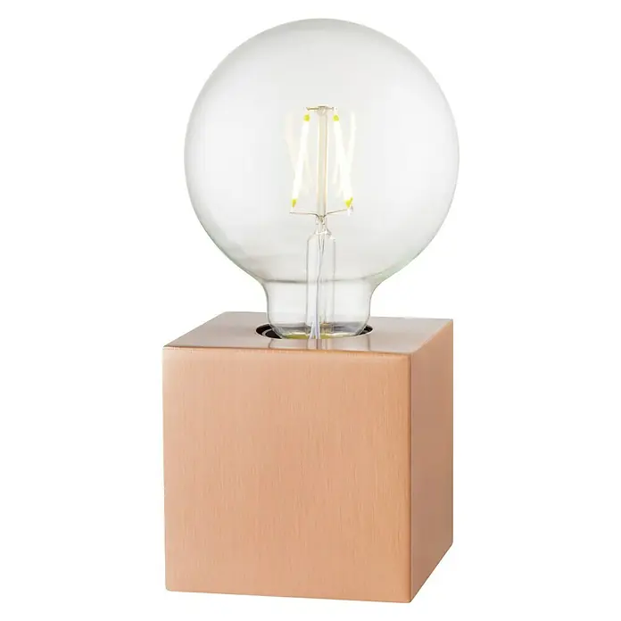 Home Sweet Home Lampenfuß Dry 10 - 10 W, E27, Kupfer, Höhe: 8,5 cm - Moderne Tischleuchte mit einem würfelförmigen, kupferfarbenen Sockel und einer großen, runden Glühbirne mit sichtbaren Glühfäden.