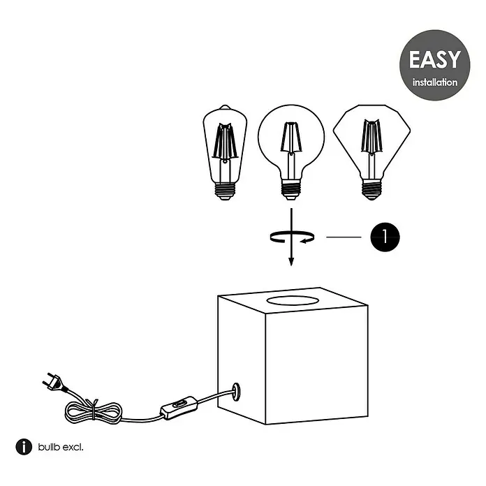 Home Sweet Home Lampenfuß Dry 10 - 10 W, E27, Kupfer, Höhe: 8,5 cm - Anleitung zum Installieren der Lampe mit drei verschiedenen Glühbirnen und einem Würfel mit Schalter und Kabel.