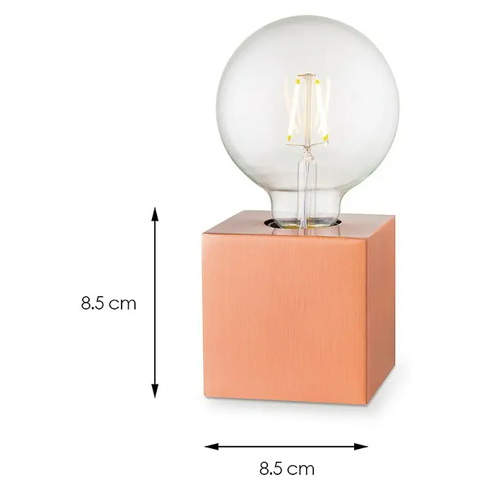 Home Sweet Home Lampenfuß Dry 10 - 10 W, E27, Kupfer, Höhe: 8,5 cm - Nahaufnahme der Kubus-Tischleuchte mit den Maßen 8,5 cm x 8,5 cm, die mit einem klaren Globus-Leuchtmittel ausgestattet ist.