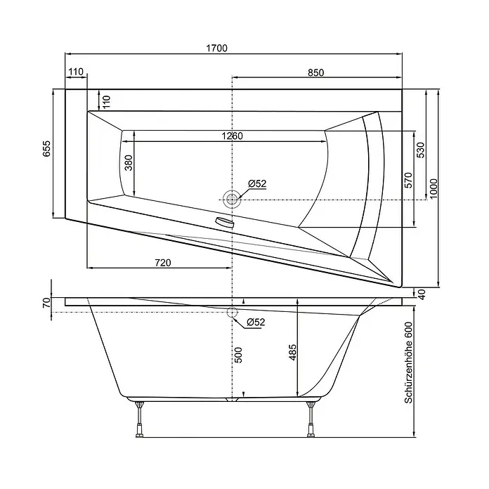 Ottofond Raumsparbadewanne Cebu 1 A - 170 x 100 cm, Sanitäracryl, Weiß, Rechts - Schema der Badewanne mit Maßangaben zu Länge, Breite und Höhe.