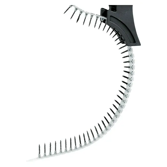 Berg Tecmix Magazinschrauben TBS Grobgewinde - Maße Schrauben: 3,9 x 35 mm, 1.000 Stk. - Die Abbildung zeigt einen Streifen mit Schraubenmagazin mit einem schwarzen Halter. Ideal für effizientes Schrauben.