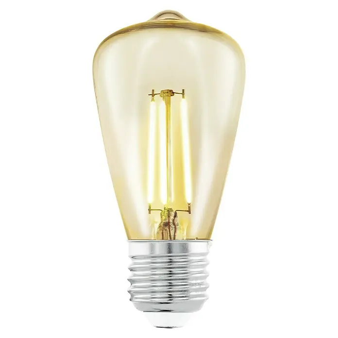 Voltolux Bombilla LED Filamento Edison - E27, Blanco cálido, 400 lm, 4 W - Primer plano de una bombilla LED de estilo Edison en color ámbar, que muestra sus filamentos y emite un brillo cálido, ideal para iluminación ambiental.